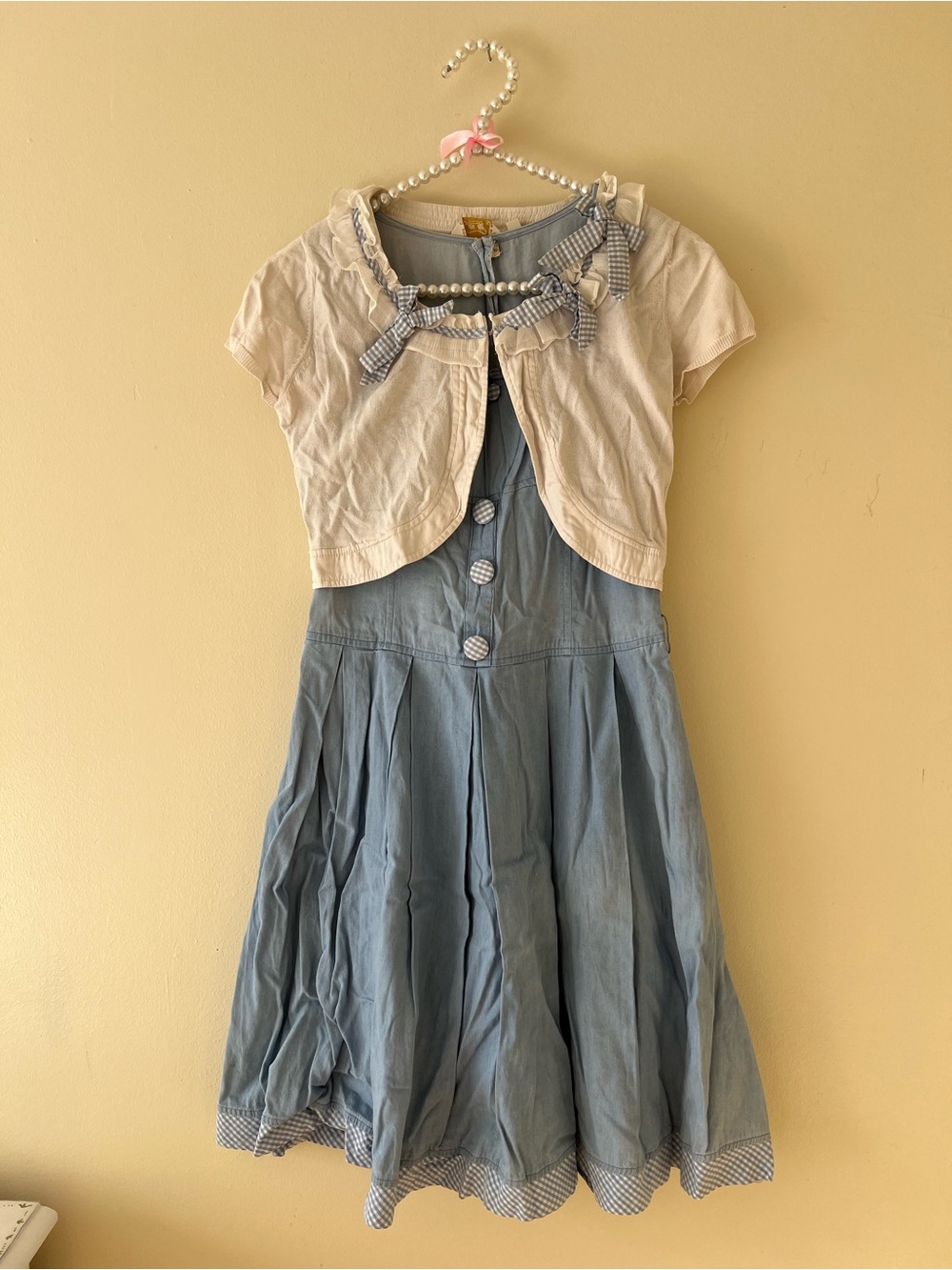 Blue Dress with Cream Shrug and Gingham Trim